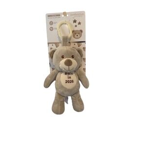 Jamberries Born in 2026 Grey Teddy Bear Plush Rattle Toy Stroller Clip‎ 10" NEW
